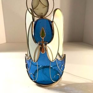 Vintage Blue & White Stained Glass Praying Angel Figurine Candle Holder